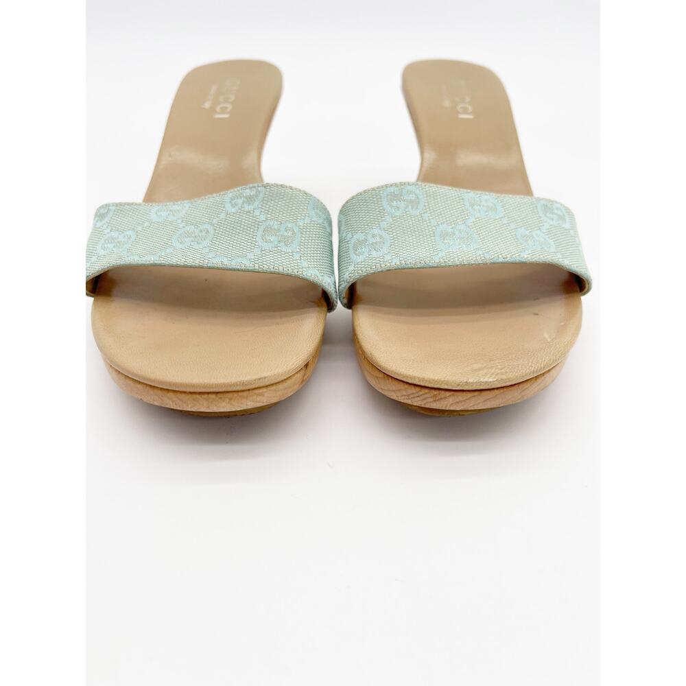 Gucci Vintage Teal GG Monogram Canvas Wooden Heel Slide Mule Sandals EU 36.5 - Picture 7 of 15
